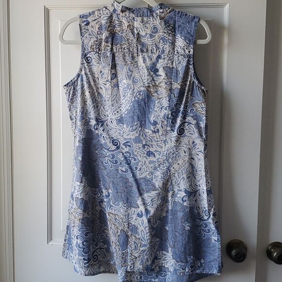CHARTER CLUB EMBROIDERED COTTON FLORAL TUNIC SIZE 10 BOHO BLUE BEIGE SLEEVELESS - Picture 4 of 8